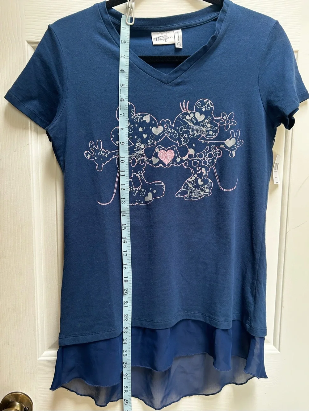 NWT DISNEY Navy V-neck Mickey & Minnie Heart Graphic Tee with Chiffon Hem Small - Picture 10 of 11